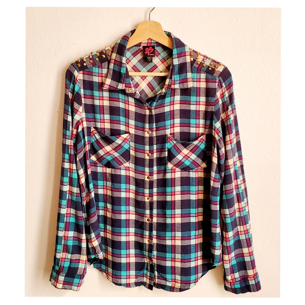 bebe 2B Studded Plaid Shirt Sz M Blue Pink